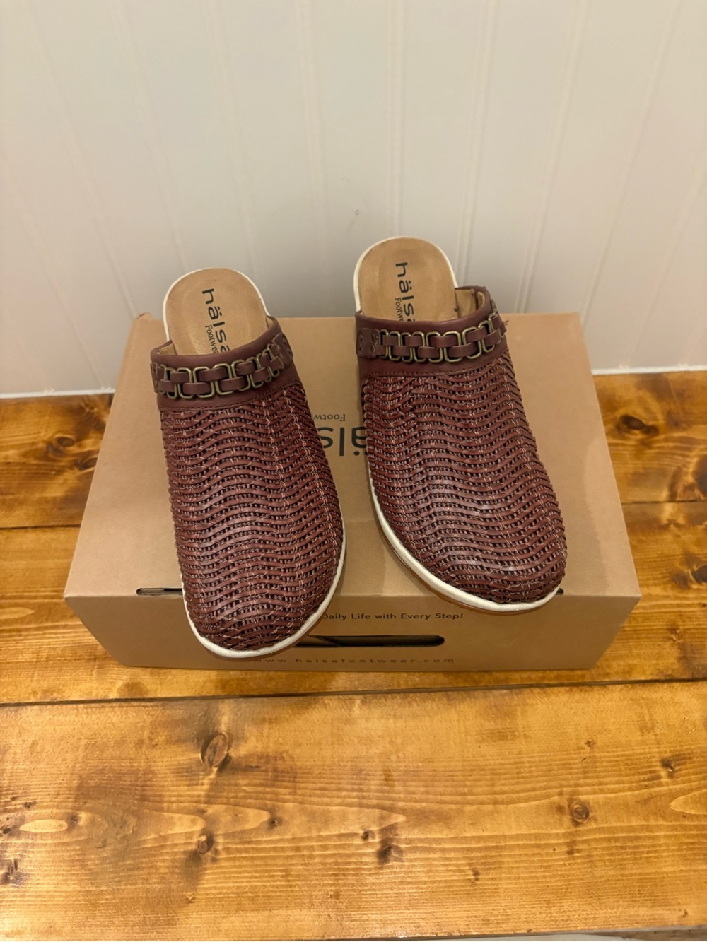 Halsa Footwear Women's Woven Slip-On Mule in Brown with Chain Trim
